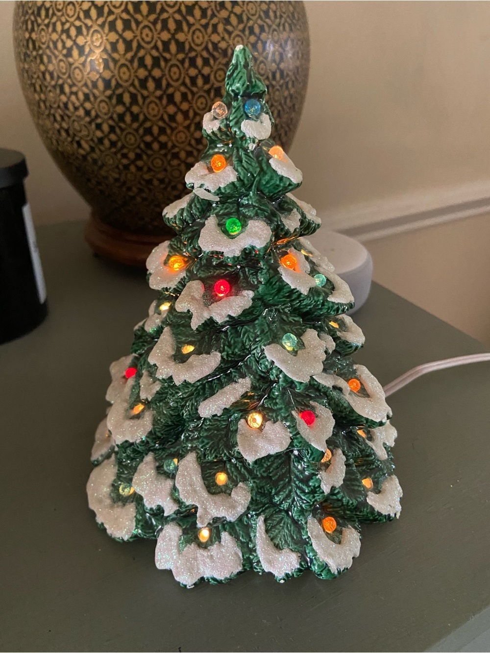 Vintage Hand Painted Flocked Ceramic Christmas Tree- 7 inches